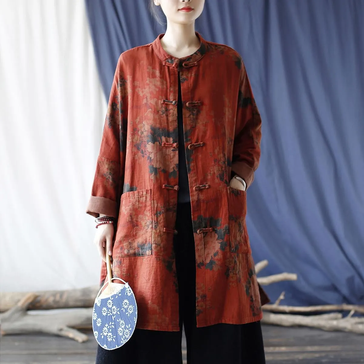 Ystylee Women Vintage Trench Coat Mid-Length Floral Print Jacket Chinese Frog Button Down Clothing Outwear