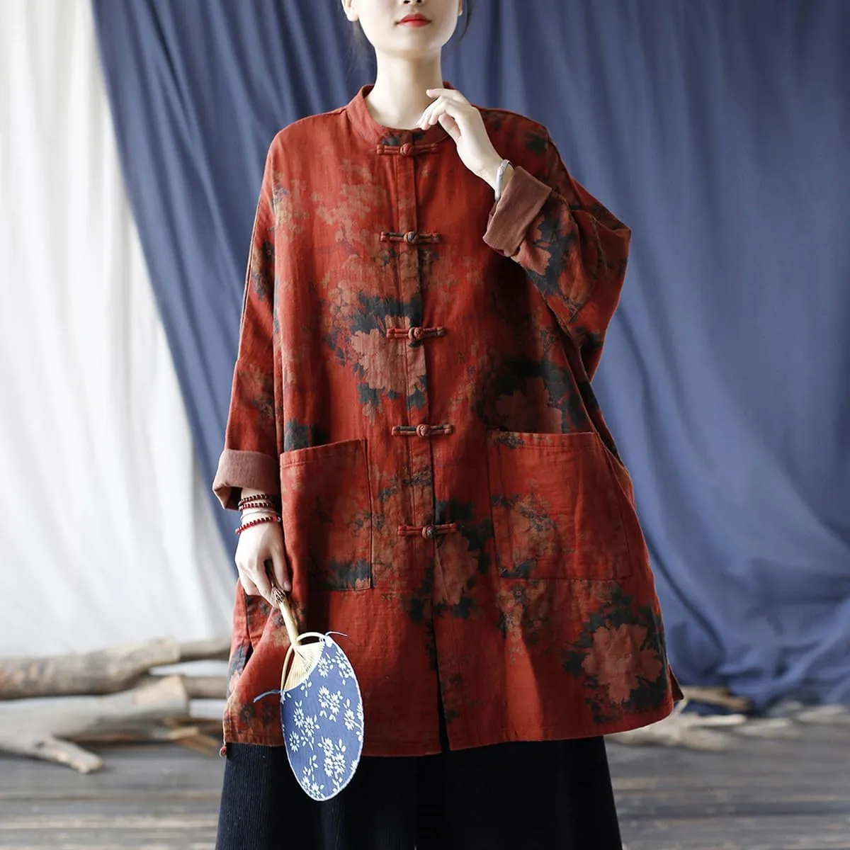Ystylee Women Vintage Trench Coat Mid-Length Floral Print Jacket Chinese Frog Button Down Clothing Outwear